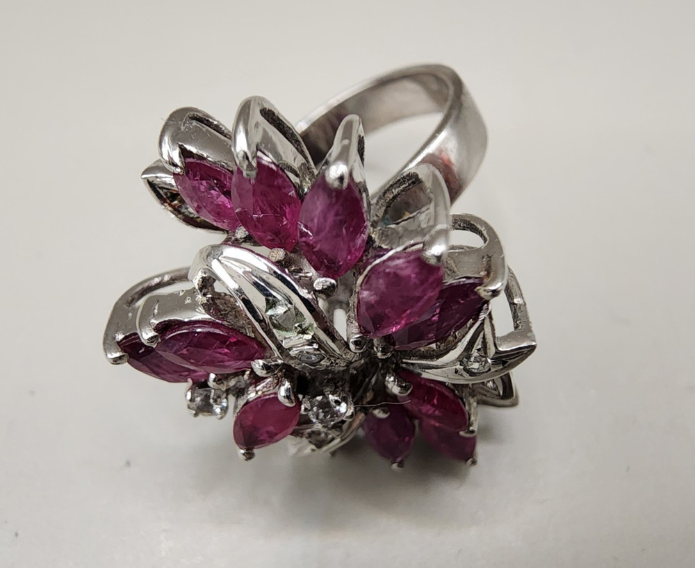 Vtg Sterling Silver 925 Simulated Ruby Spray Cocktail Ring - Multiple Sizes