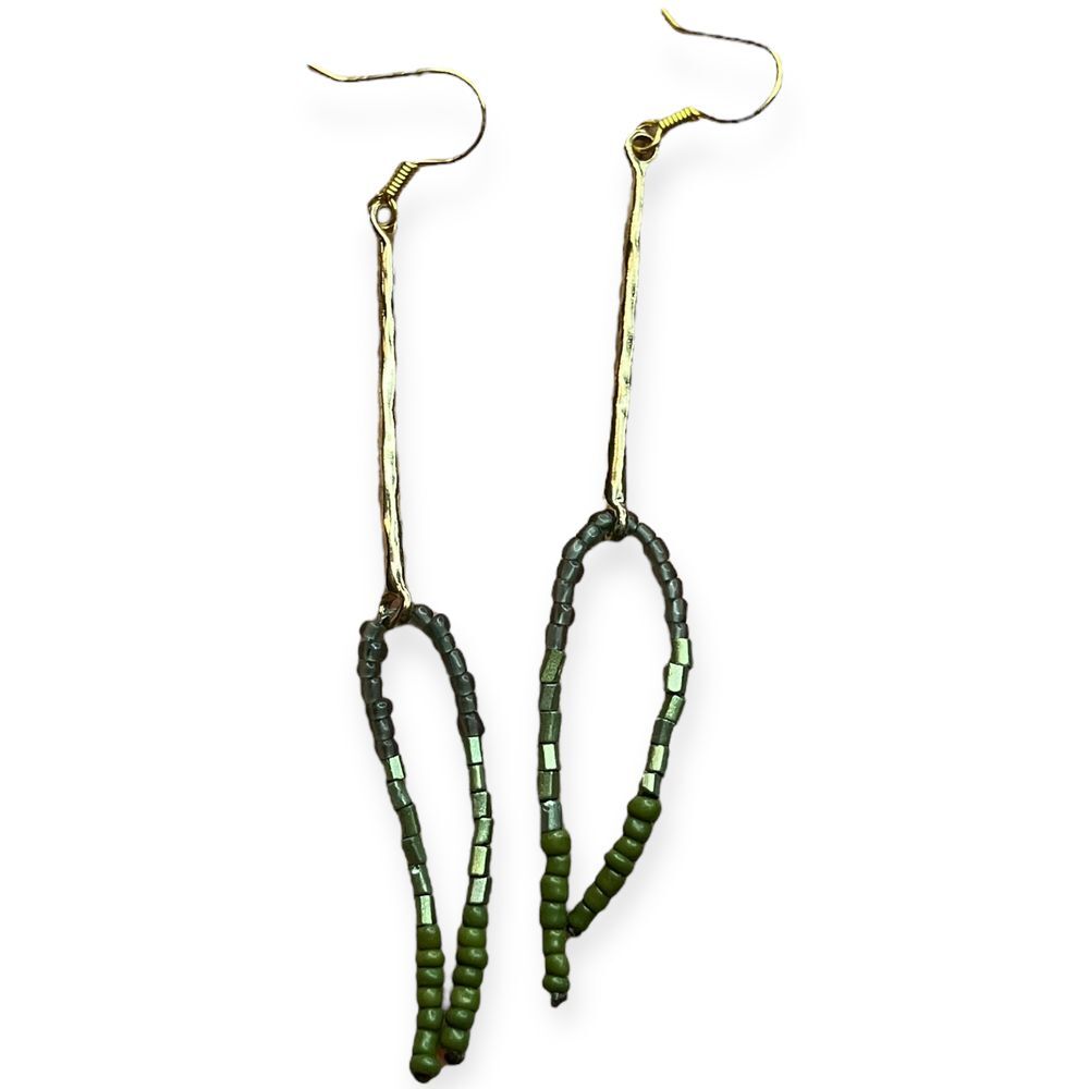 Handcrafted Boho Green Beaded Dangle Earrings Long Gold Bar Drop Statement 3.5"