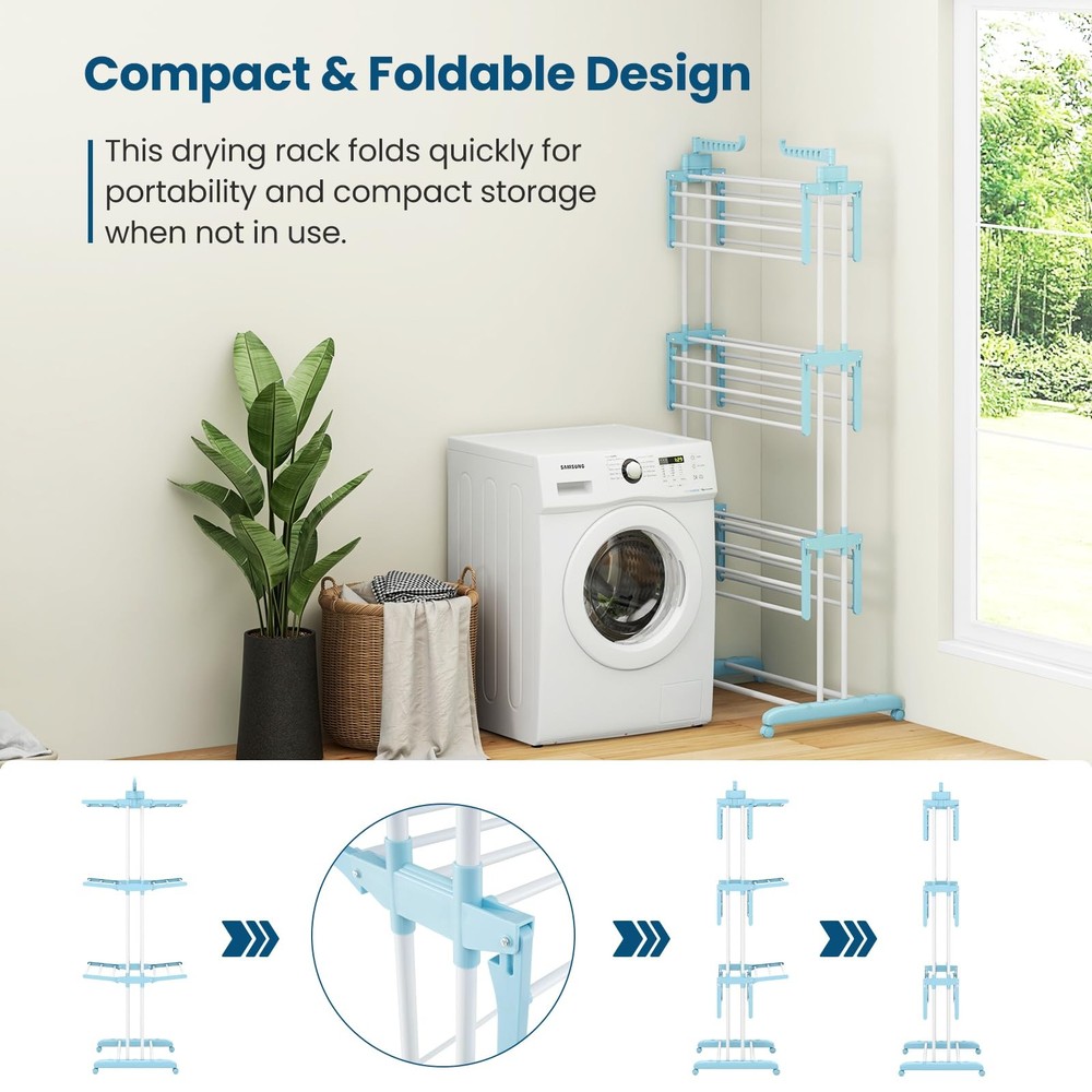 Foldable Clothes Drying Rack, Oversized 4-Tier Collapsible Laundry Rack w/ 3 ...