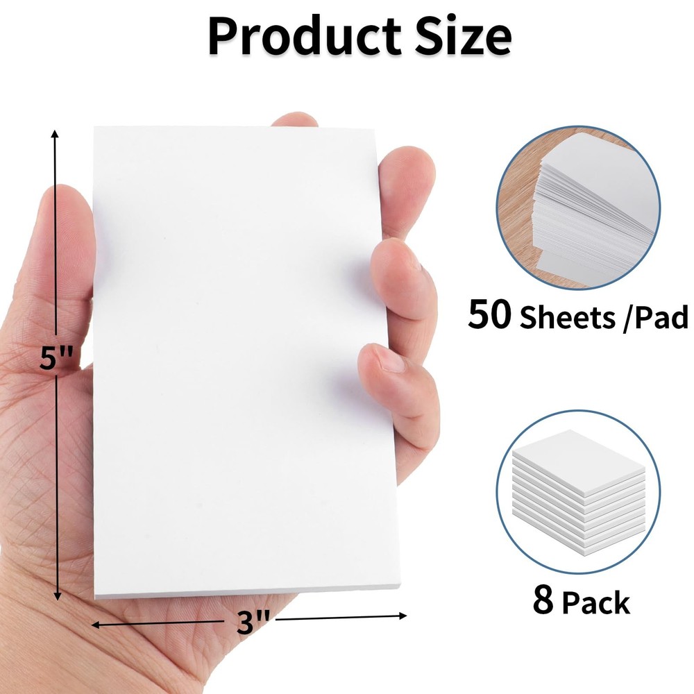 Hoiny Note Pads 3x5 In, 8 Pack Blank Notepad, White Scratch Pads for Writing,...