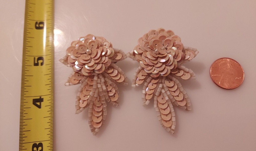 cream sequin posts earrings statement flower leaf design 2 1/8"x 1.5"