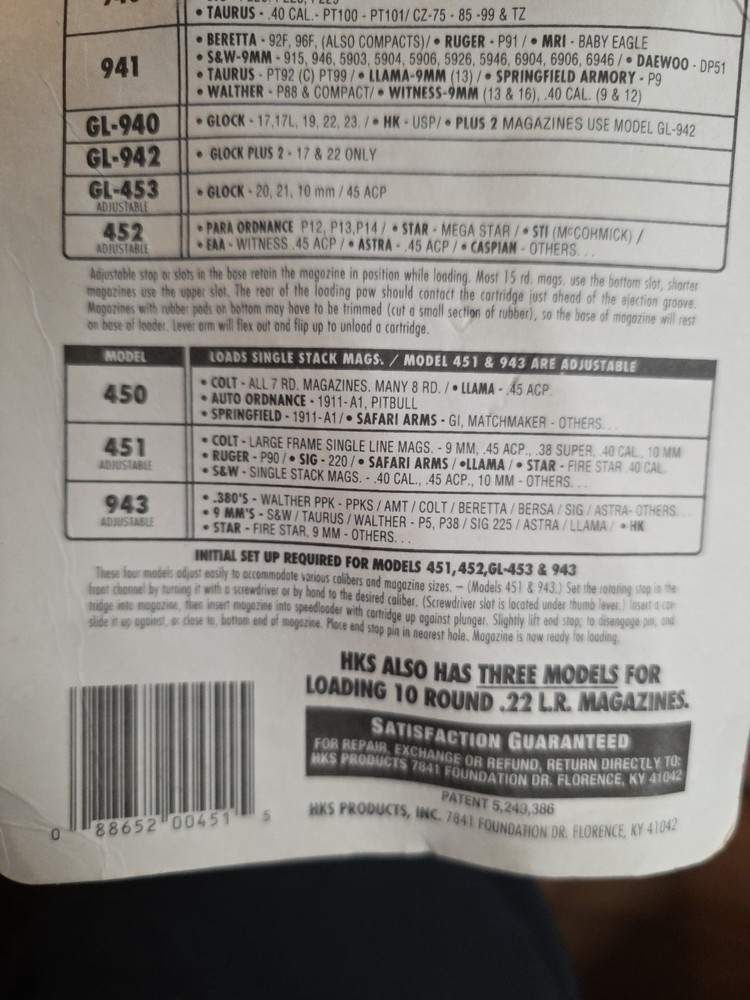 HKS MAgazine Speedloader Model 451 Adjustable 9mm 10mm .45 .38 Single Stack Mags