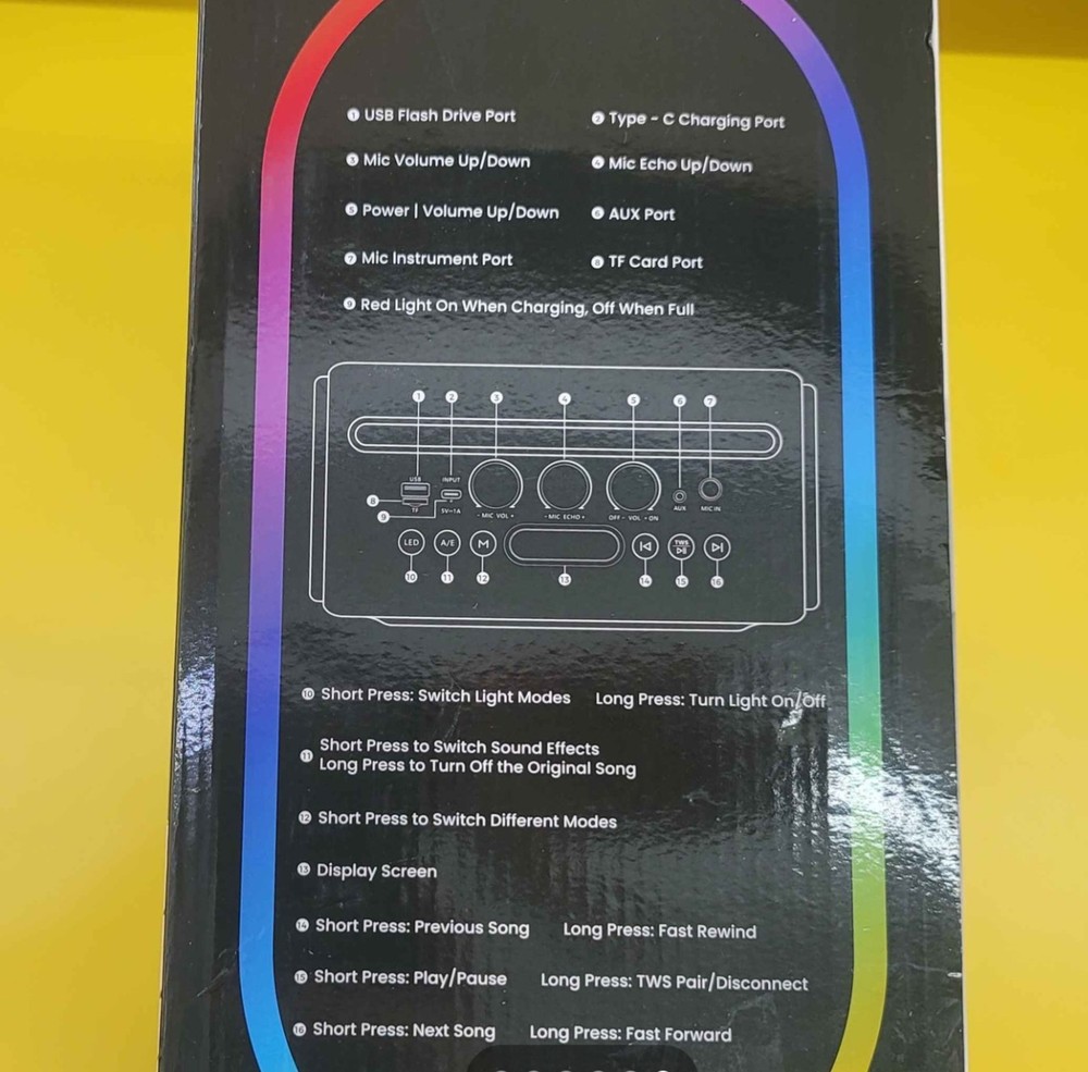 Portable Karaoke System Bluetooth LED Speaker Dual Microphones USB AUX Black