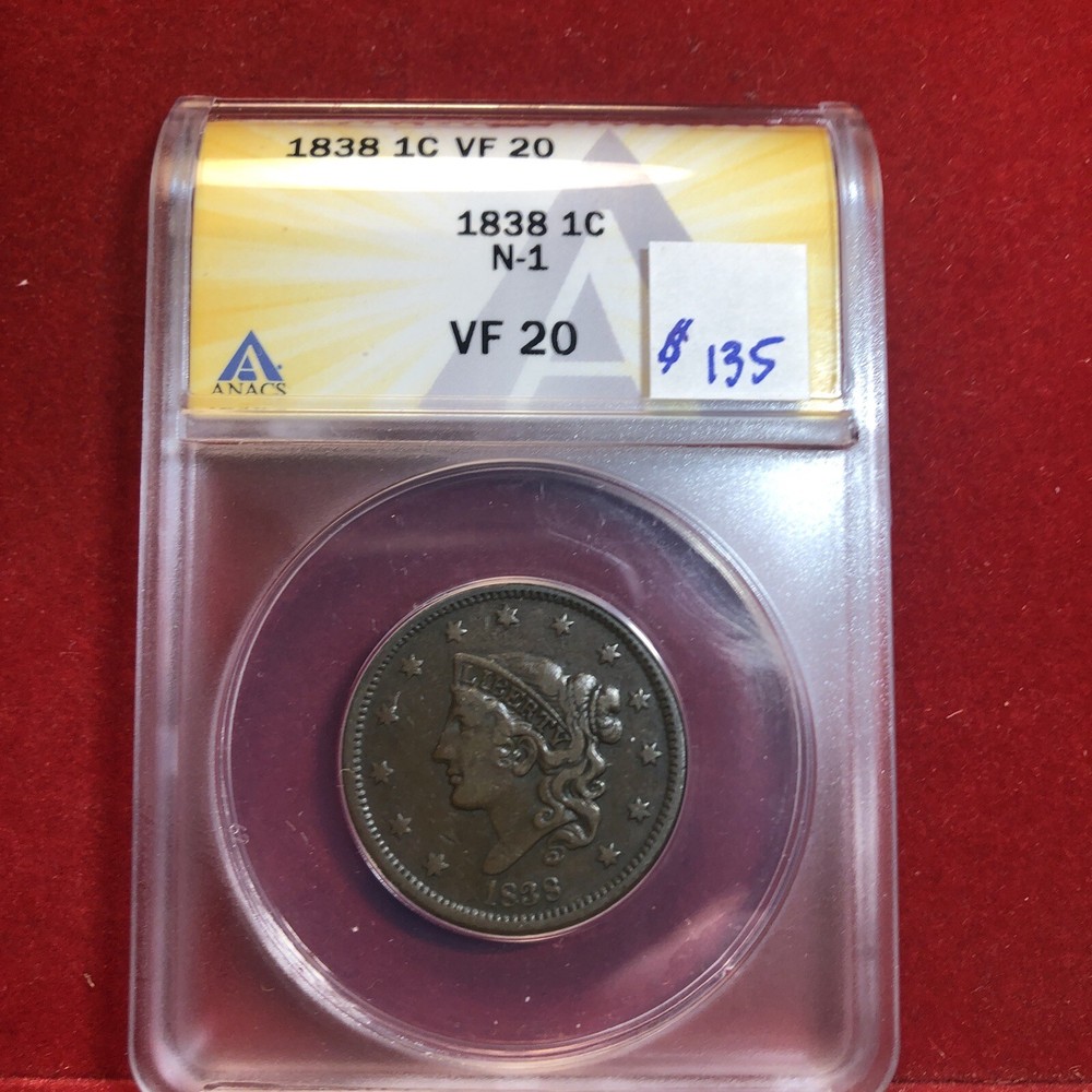 1838 large cent N.1 ANACS VF20
