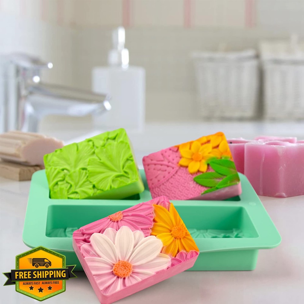 HUAKENER 2 Pack Silicone Soap Molds Rectangle Flower Pattern