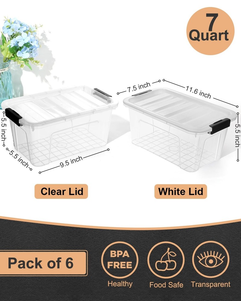 Plastic Storage Bins with Lids 6 Pack, 7 Quart Storage Containers With Black ...