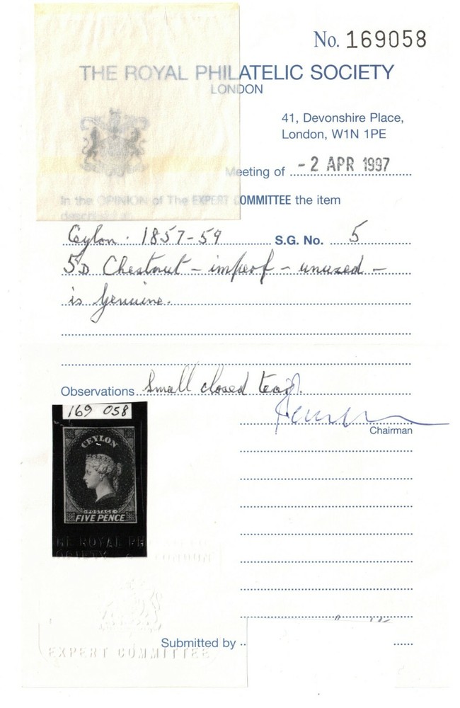 Ceylon #6 (SG #5) Mint Fine Part Original Gum Hinged **With Certificate**