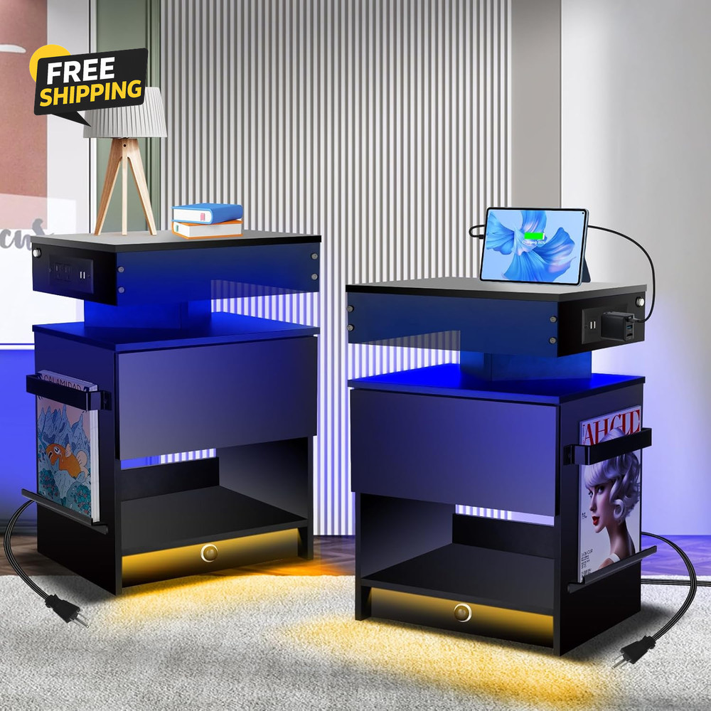 Nightstand with Induction Light & Side Charging Station, Modern Bedside Table