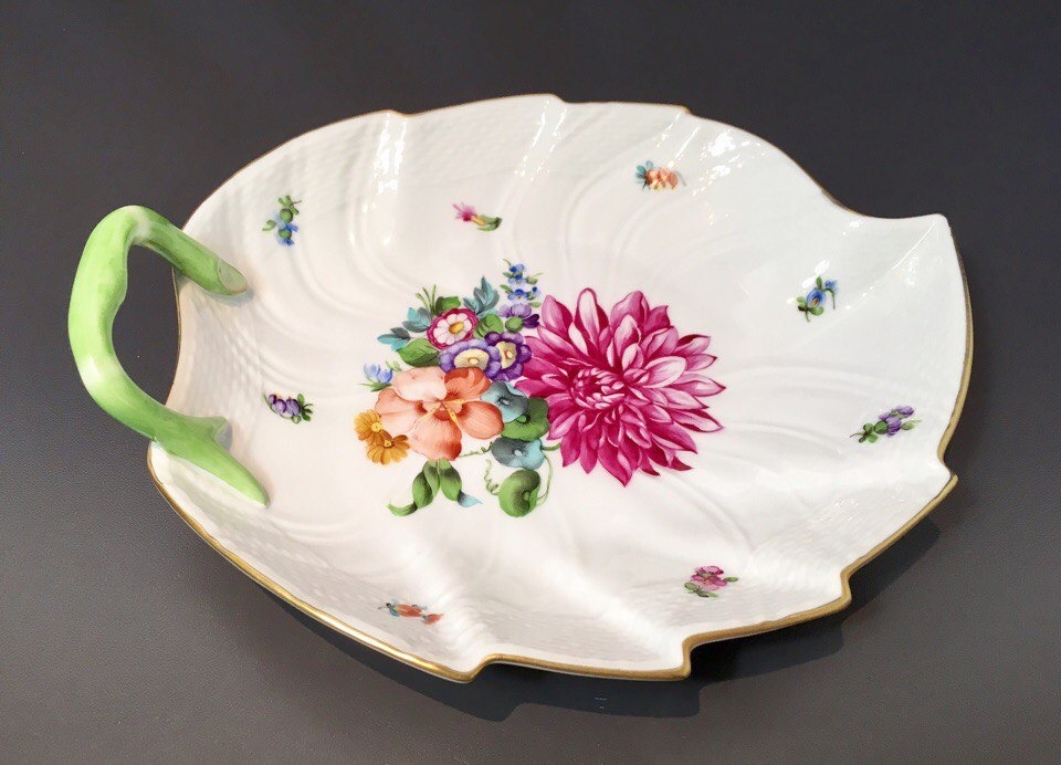 Herend BU 3 (Unique Bouquet Pattern 3) Leaf Dish - 1200 - Handpainted - NEW