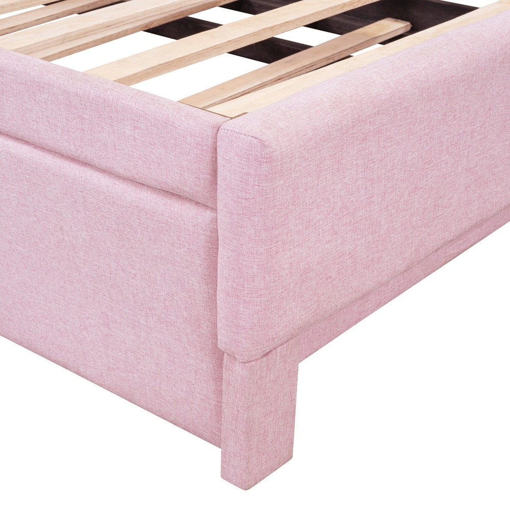 Twin Size Daybed Linen Upholstered Bed Frame Sofa Bed w/ Pull Out Trundle Bed