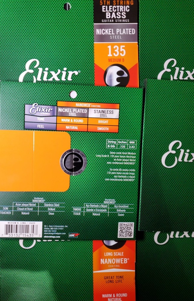 Elixer 135b BASS GUITAR Strings Medium Long Scale Nanoweb 15435 5th String 6 Pac