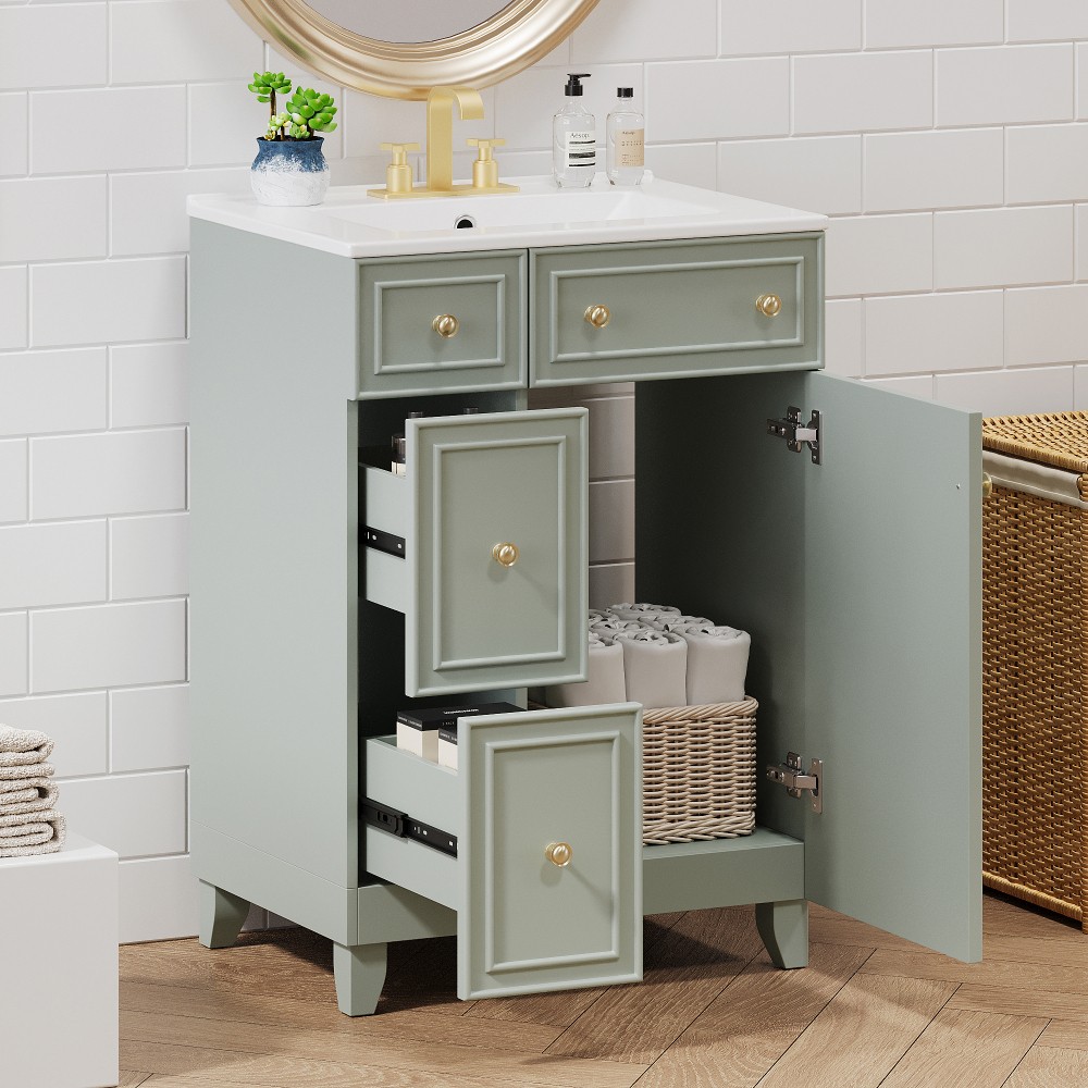 Bathroom Vanity with Ceramic Sink Features 2 Drawers and 1 Door