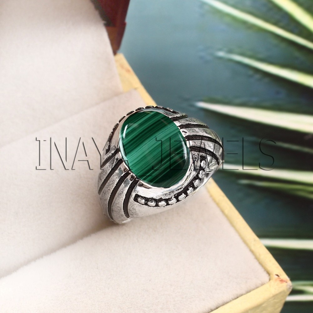 Natural Malachite Mens Gift Ring Solid 925 Sterling Silver Handmade Vintage Ring