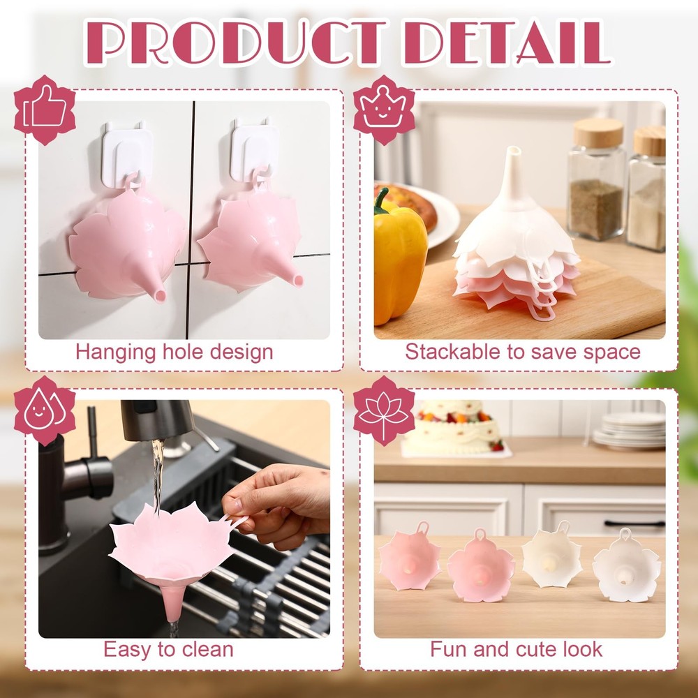 LemonRoad 4pcs Different Flower Plastic Kitchen Funnel Hangable White, Pink