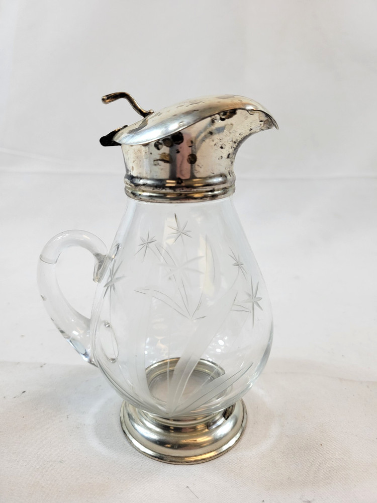 Vintage Sterling Silver Cut Glass Syrup Pitcher