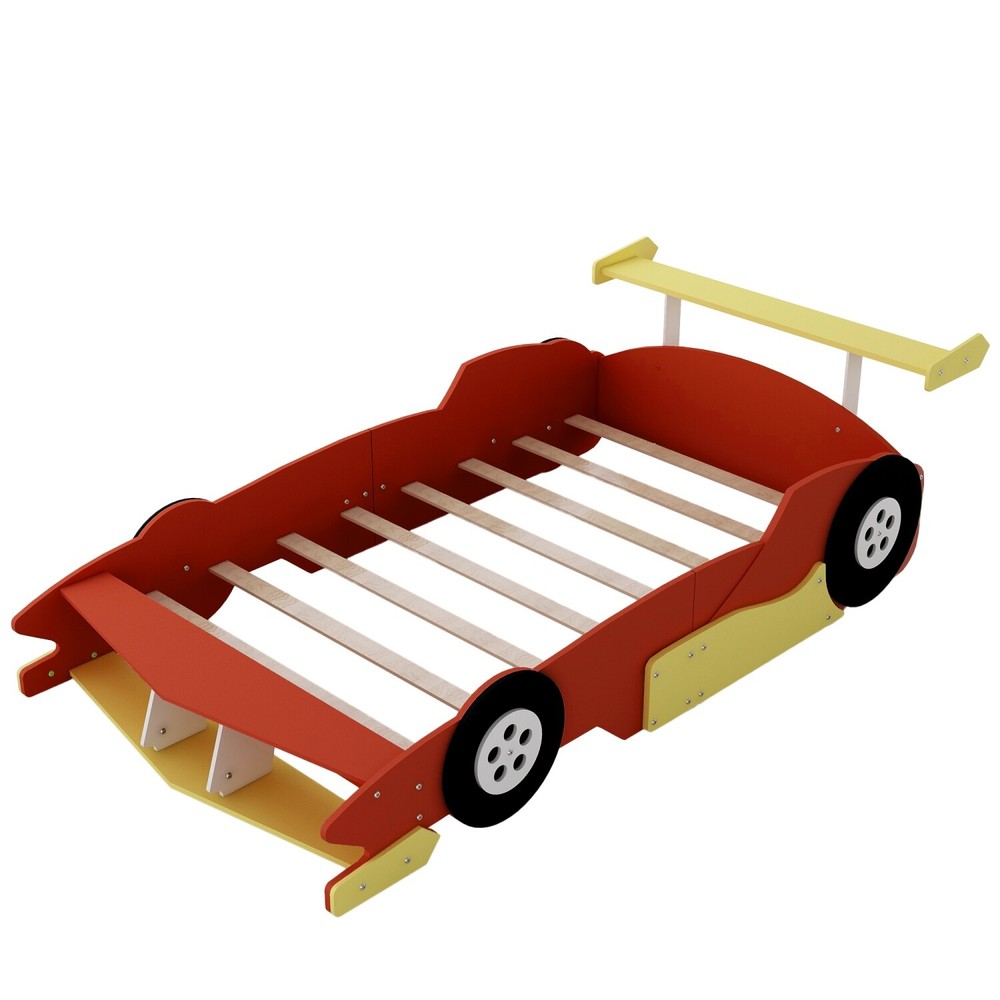 Full Size Bed Frame Wood Platform Bed Frame w/ Headboard & Wheels Red/Blue/Black