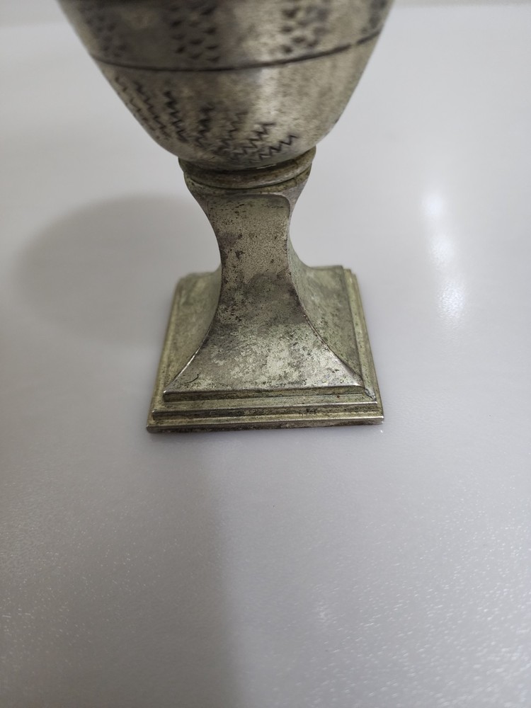 Vintage Silver Plated Metal Chalice Goblet Etched Pattern Square Pedestal Base