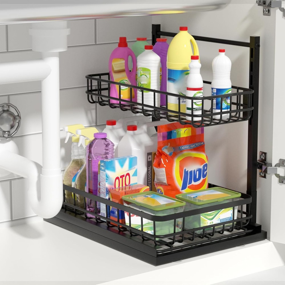 Under Sink Organizer Adjustable Height Pull-Out Kitchen Storage