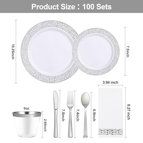 700PCS Plastic Dinnerware Set for 100 Guests, Disposable 100 Guests Set Silver