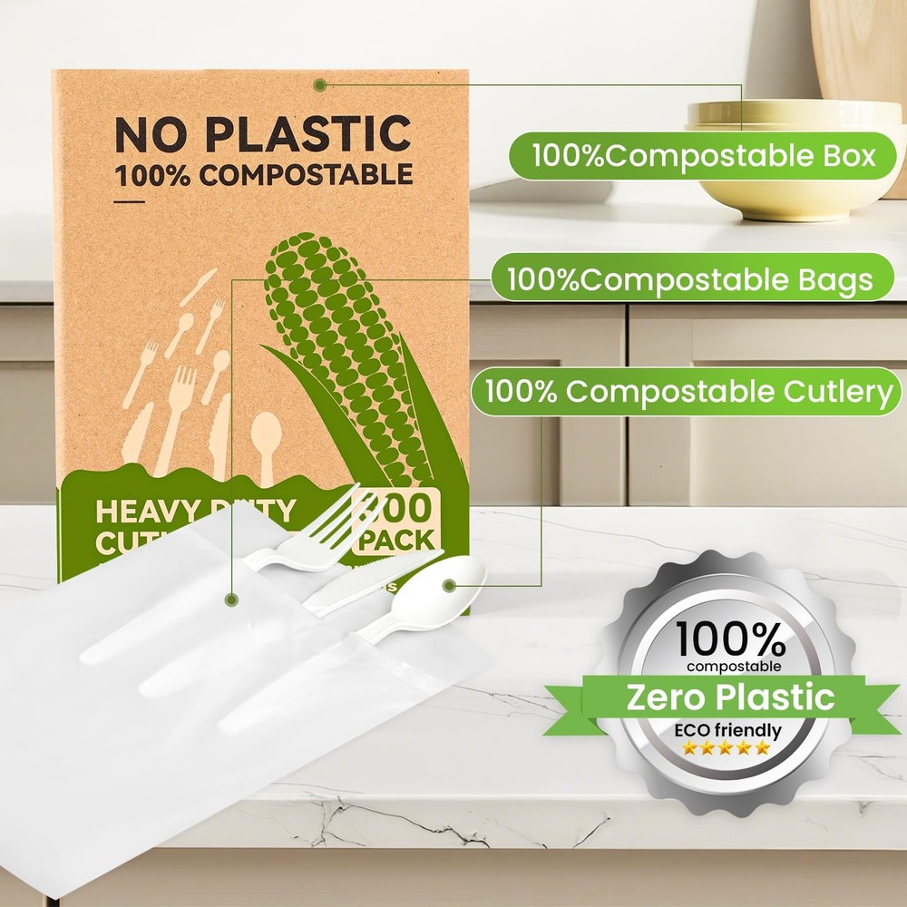 EZYLINKER Compostable Utensils Set 300Pack Utensil Set, Ivory White