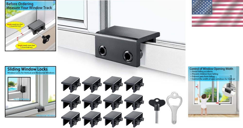 Adjustable Security Window Locks, 12 Pack - Black