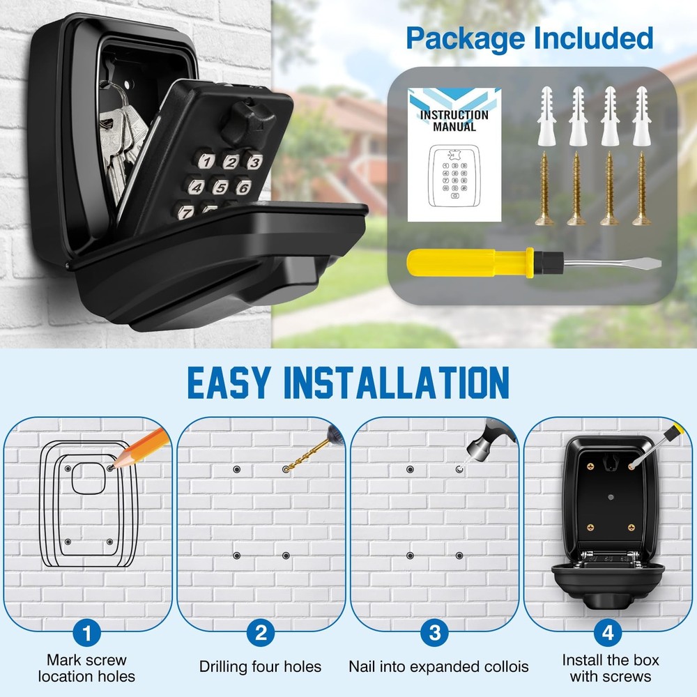 Key Lock Box Wall Mounted Key Storage Box Waterproof 12 Digit Combination Sec...