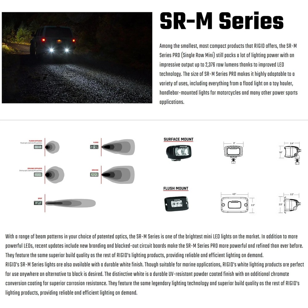 Rigid 922113 SR-M Series PRO Flood White Rectangle LED Single Light Kit Black
