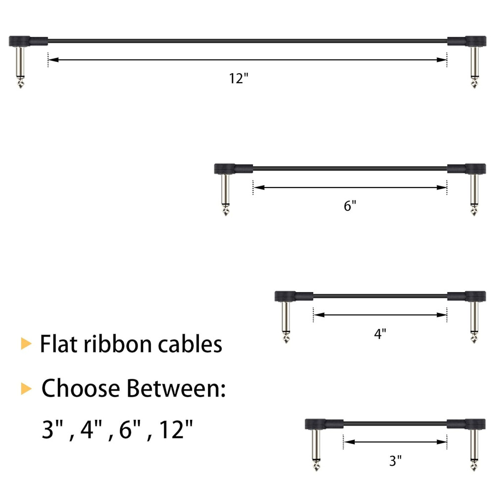 3 Inch Guitar Patch Cables 6 Pack, 1/4" TS Right Angle Effect Pedal Flat Cables,