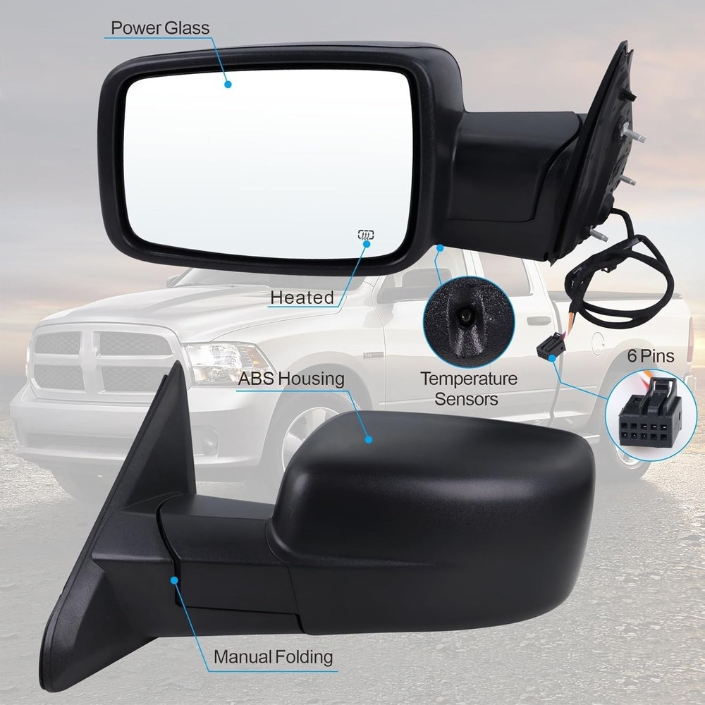 Left/Driver Manual Fold + Heated + Temp Sensor Mirror For 2013-19 Dodge Ram 1500