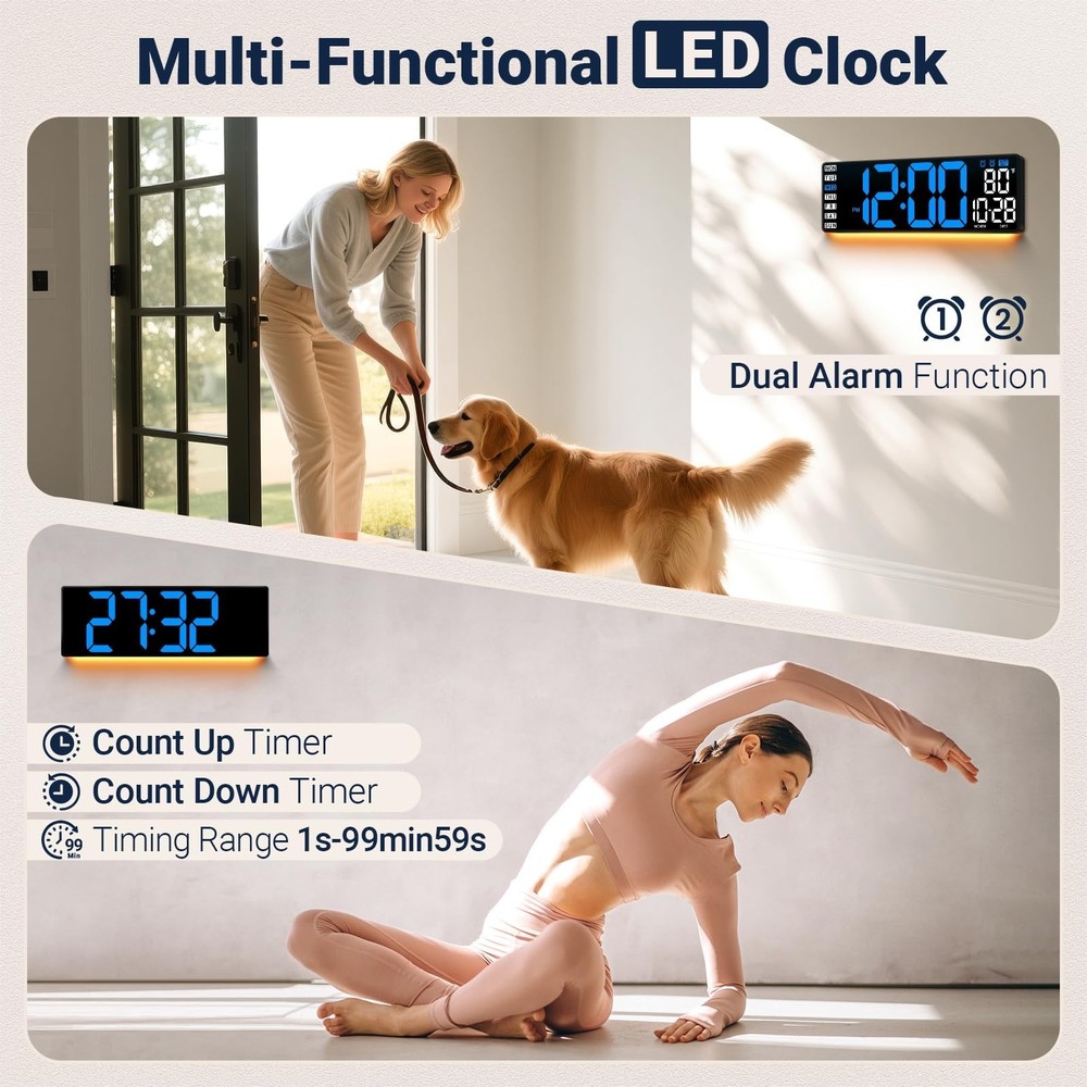 16.5" Large Digital Wall Clock with Remote Control, Auto-Dimming LED Display ...