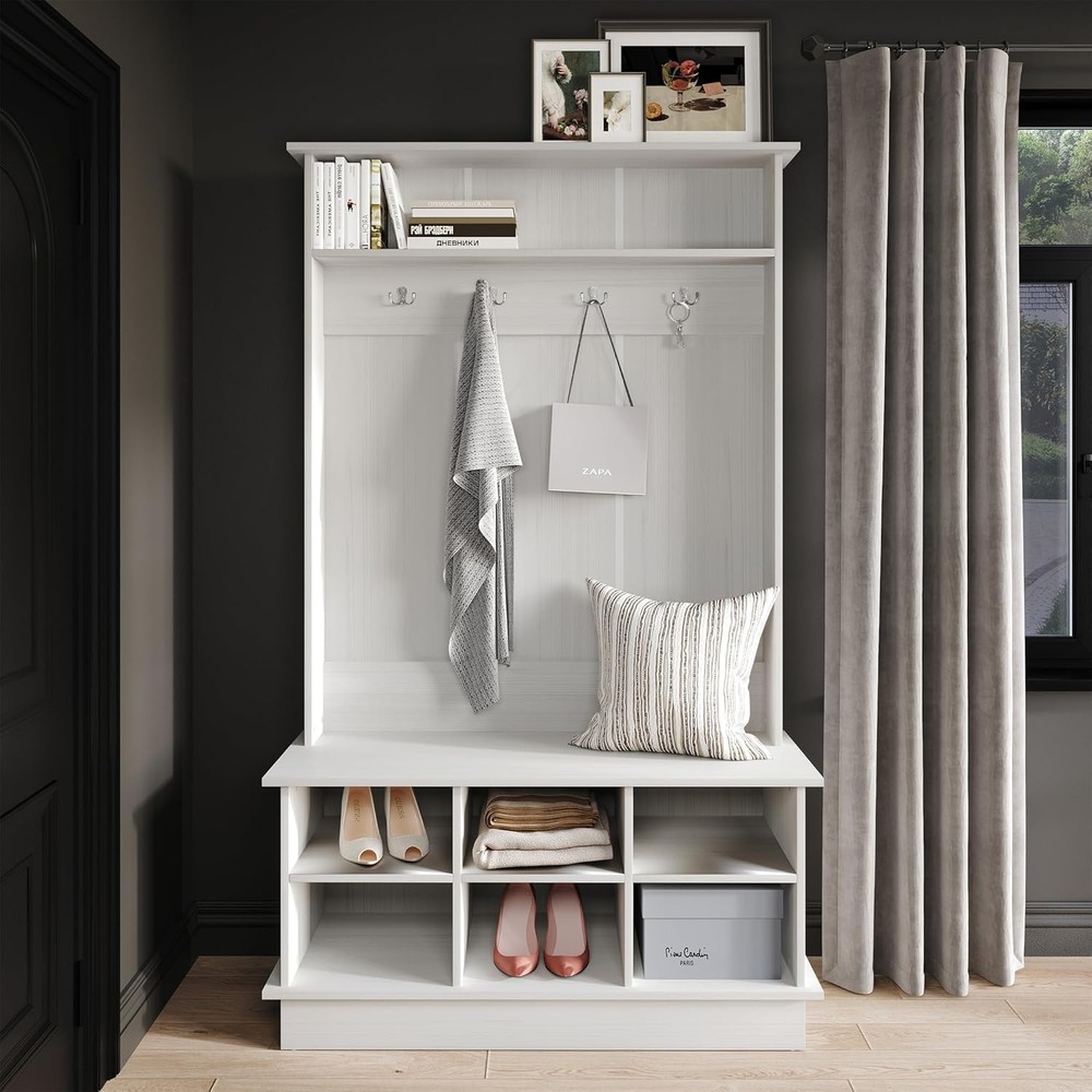 Entryway Hall Tree W/ Bench & 6 Storage Cubbies White