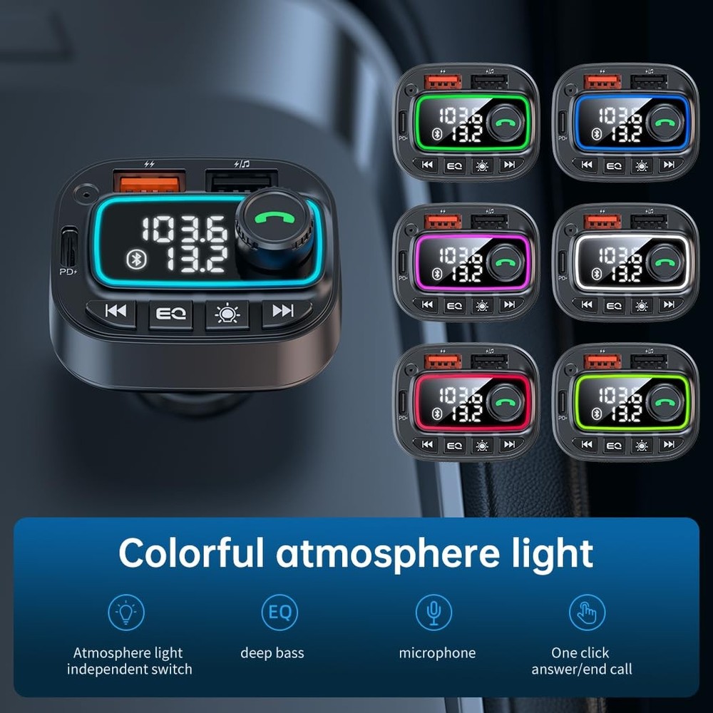 Bluetooth 5.3 Car Adapter FM Transmitter, 42W (PD30W & 12W) USB Small, Black