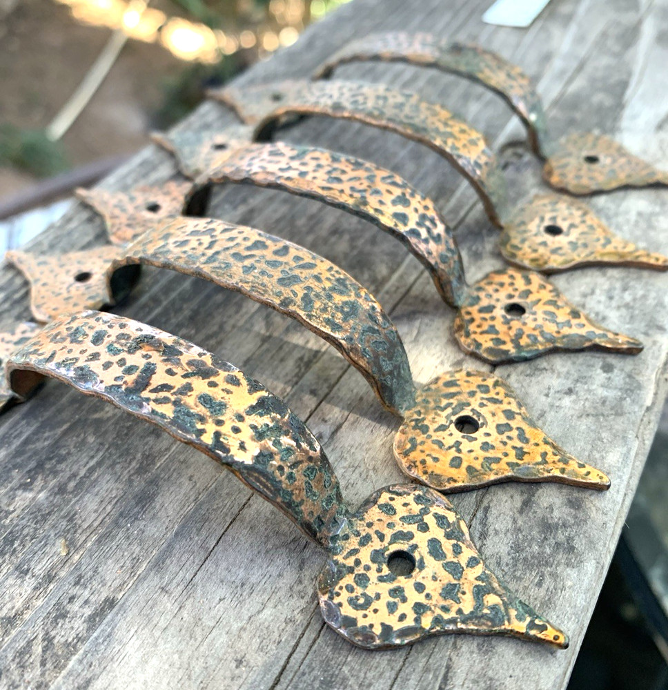 Hammered Copper Drawer Pulls Handles Rustic Farmhouse Style Set-5 with Patina
