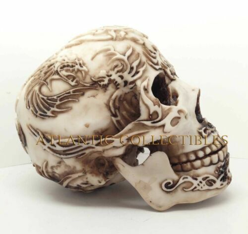 Realistic Looking Resin Skull with Hand Painted Engraved Tattoo Patterns