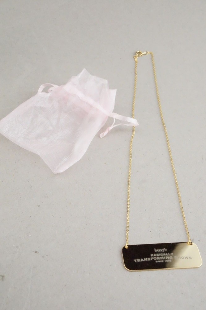 New GOLD Benefit Cosmetics Magically Transforming Brows Name Plate Necklace