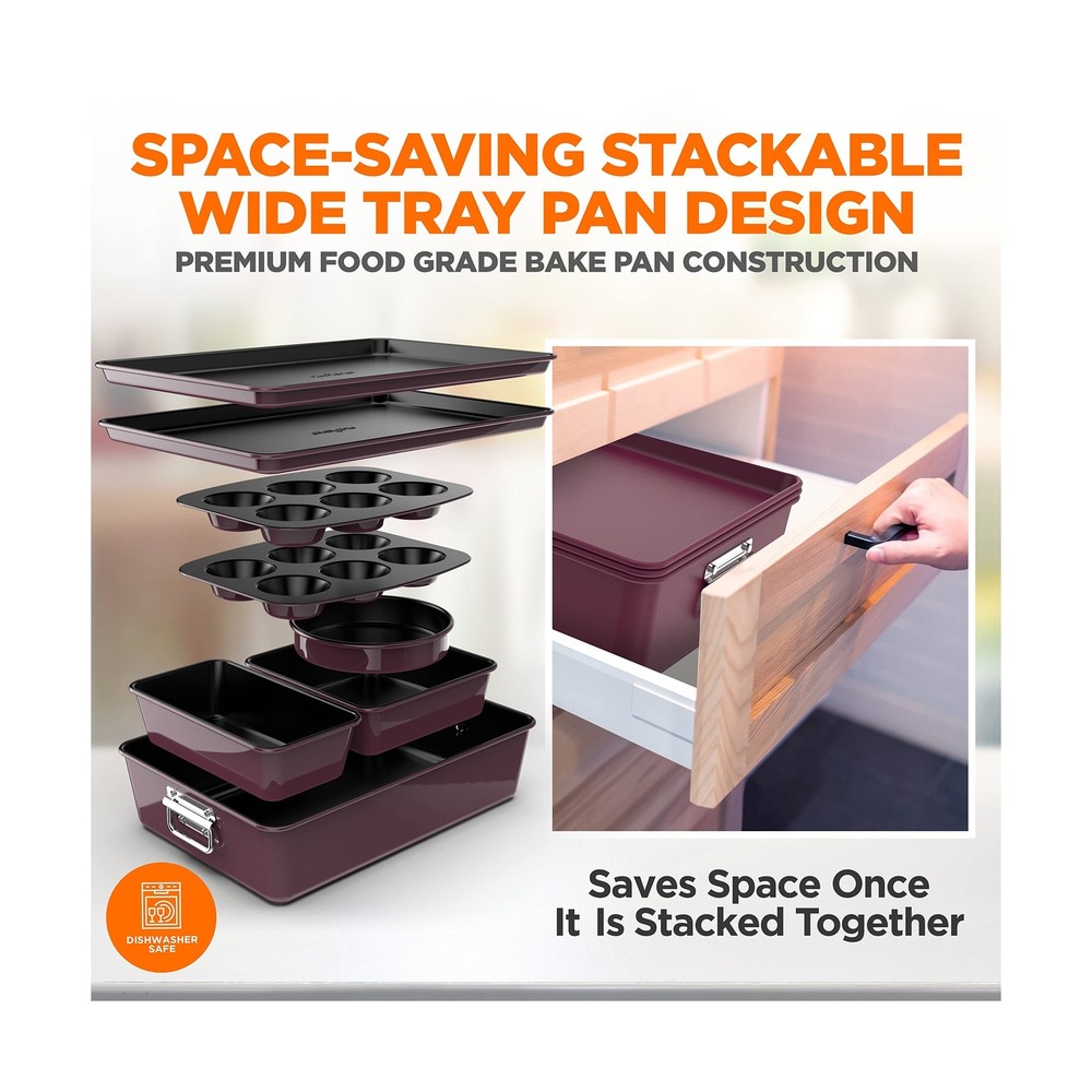 NutriChef 8-Piece Nonstick Stackable Bakeware Set - PFOA, PFOS, PTFE Free Bak...