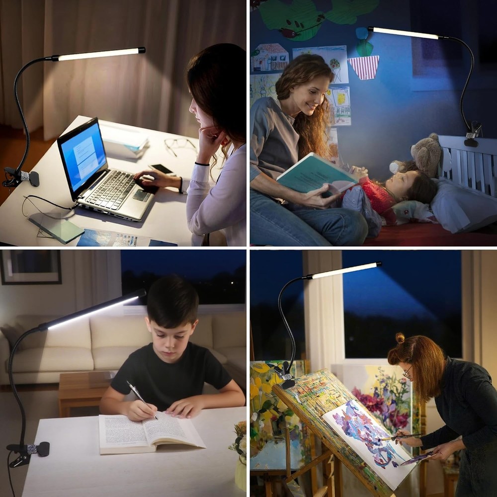 8W LED Clip On Reading Light Dimmable USB Desk Lamp for Book Bed Office