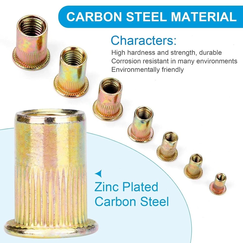 100Pcs #10-24 UNC Rivet Nuts, Carbon Steel Flat Head Rivnut Threaded Insert Nut,