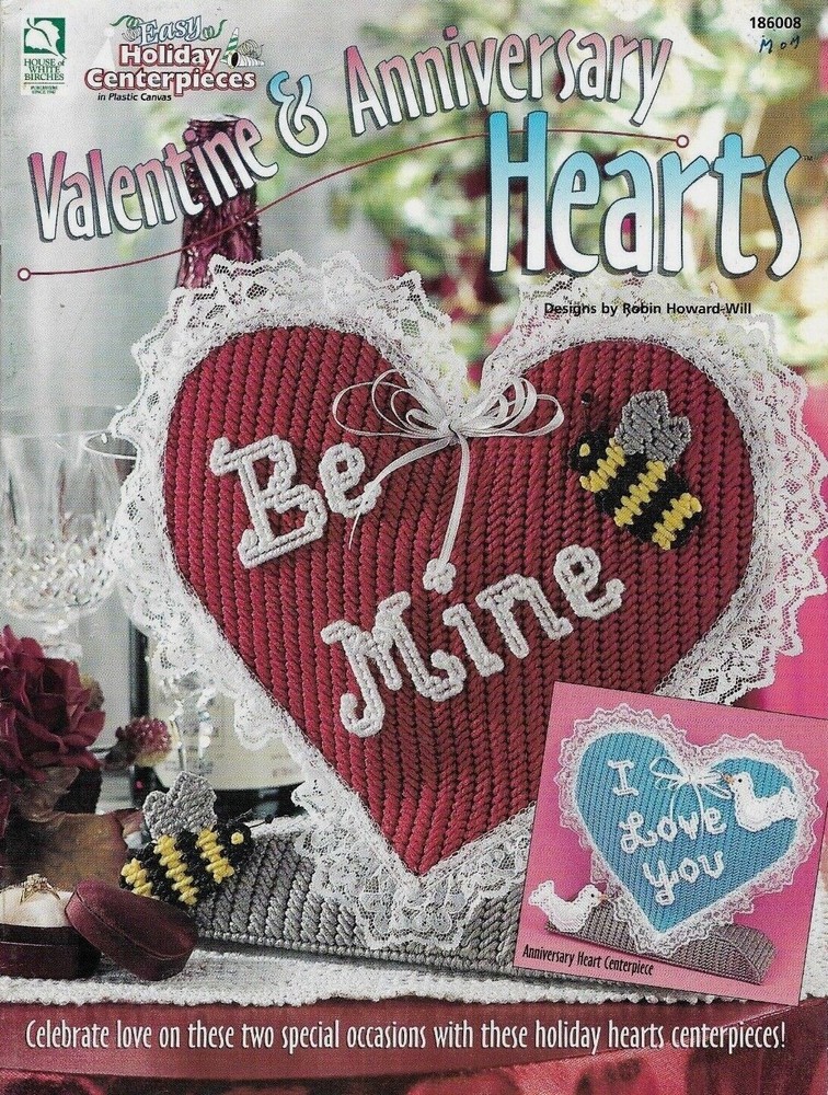 USED VALENTINE & ANNIVERSARY HEARTS DOVES & BEES PLASTIC CANVAS PATTERN BOOK