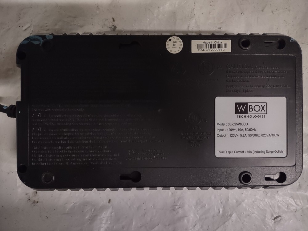 W BOX TECHNOLOGIES 8-Outlets UPS with 1 USB, 625 VA/390W READ NOTES Dead Battery