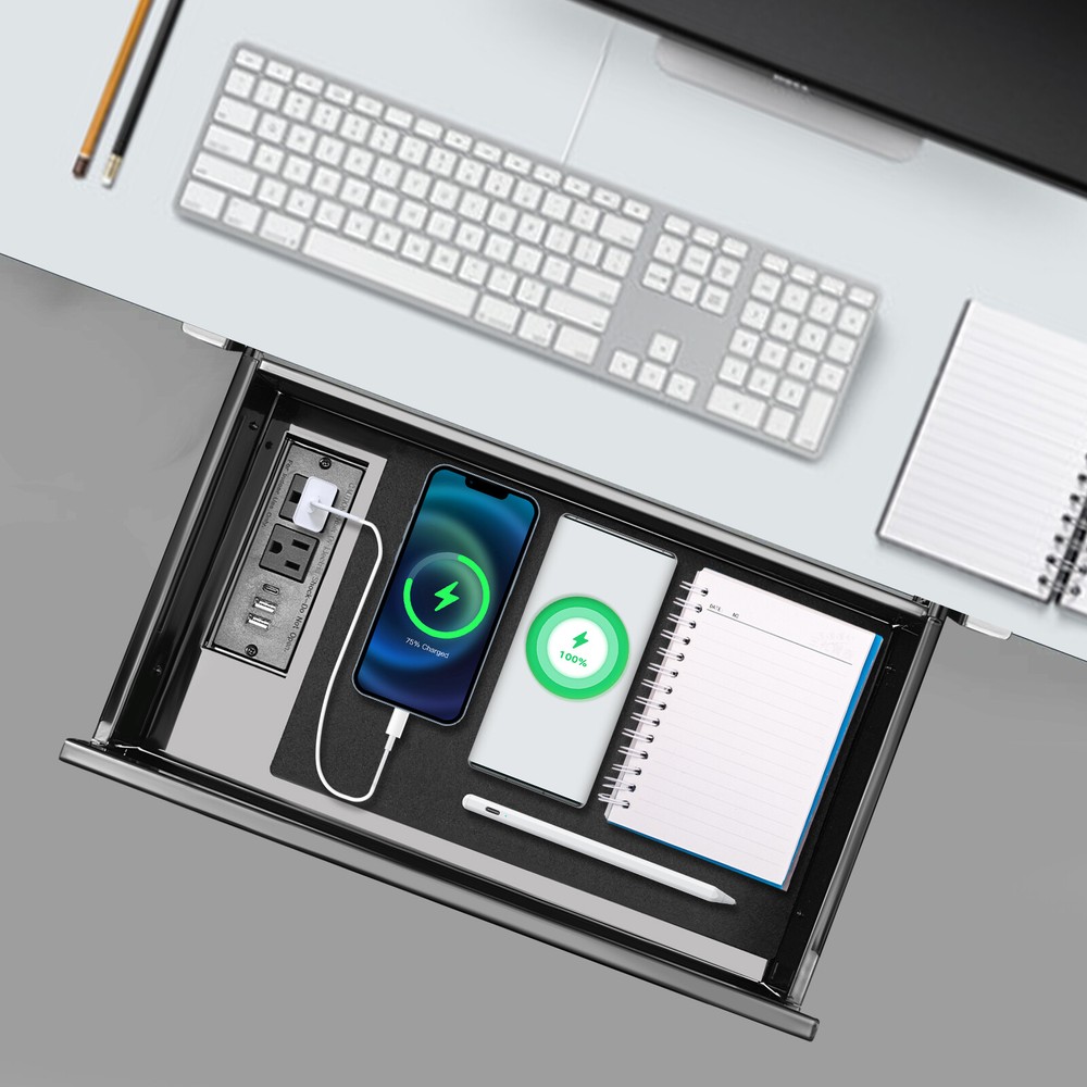 Under Desk Pull Out Drawer Built-in 1500W Power Outlet Charging Organizer