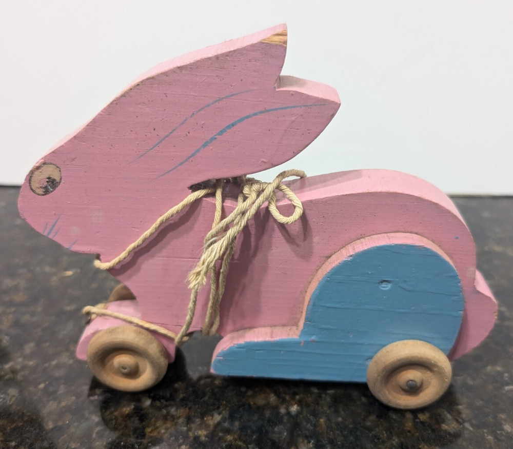ANTIQUE Wooden Rabbit Pull Toy - Pink and Blue, Handmade