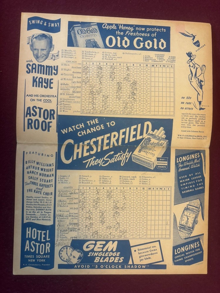 1944 NEW YORK GIANTS OFFICIAL BASEBALL PROGRAM & SCORE CARD