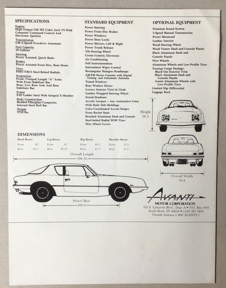 1984 Avanti Studebaker Sales Brochure Folder