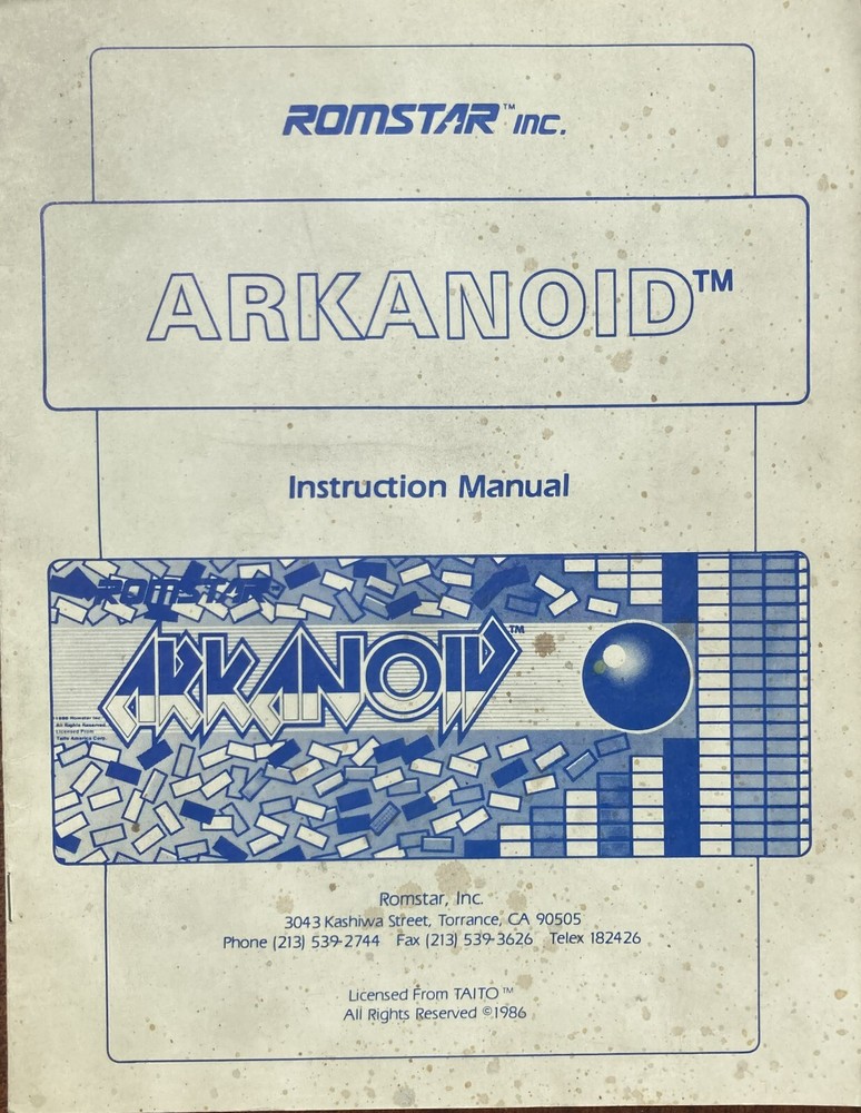 Arkanoid Arcade Game Manual
