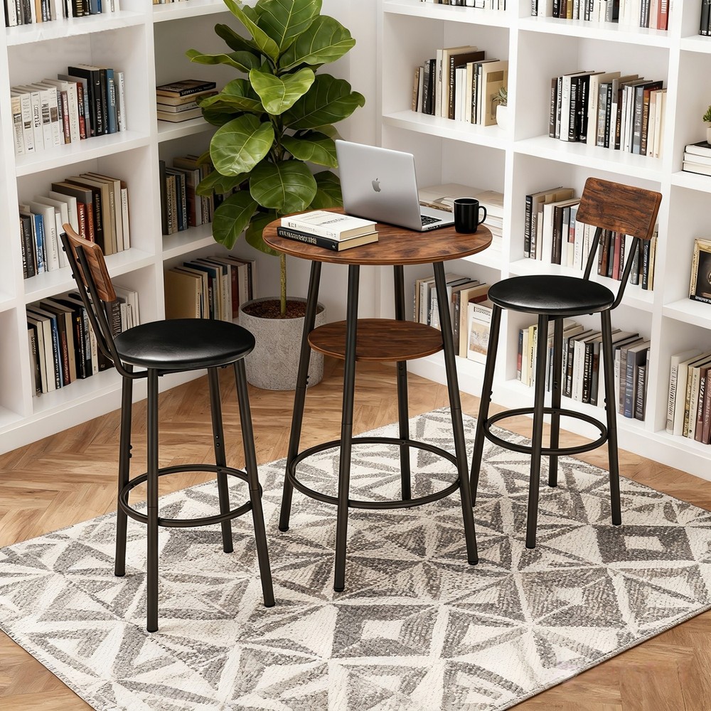 3 Piece Bar Table Set Round Counter Height Table w/ 2 PU Upholstered Bar Stools