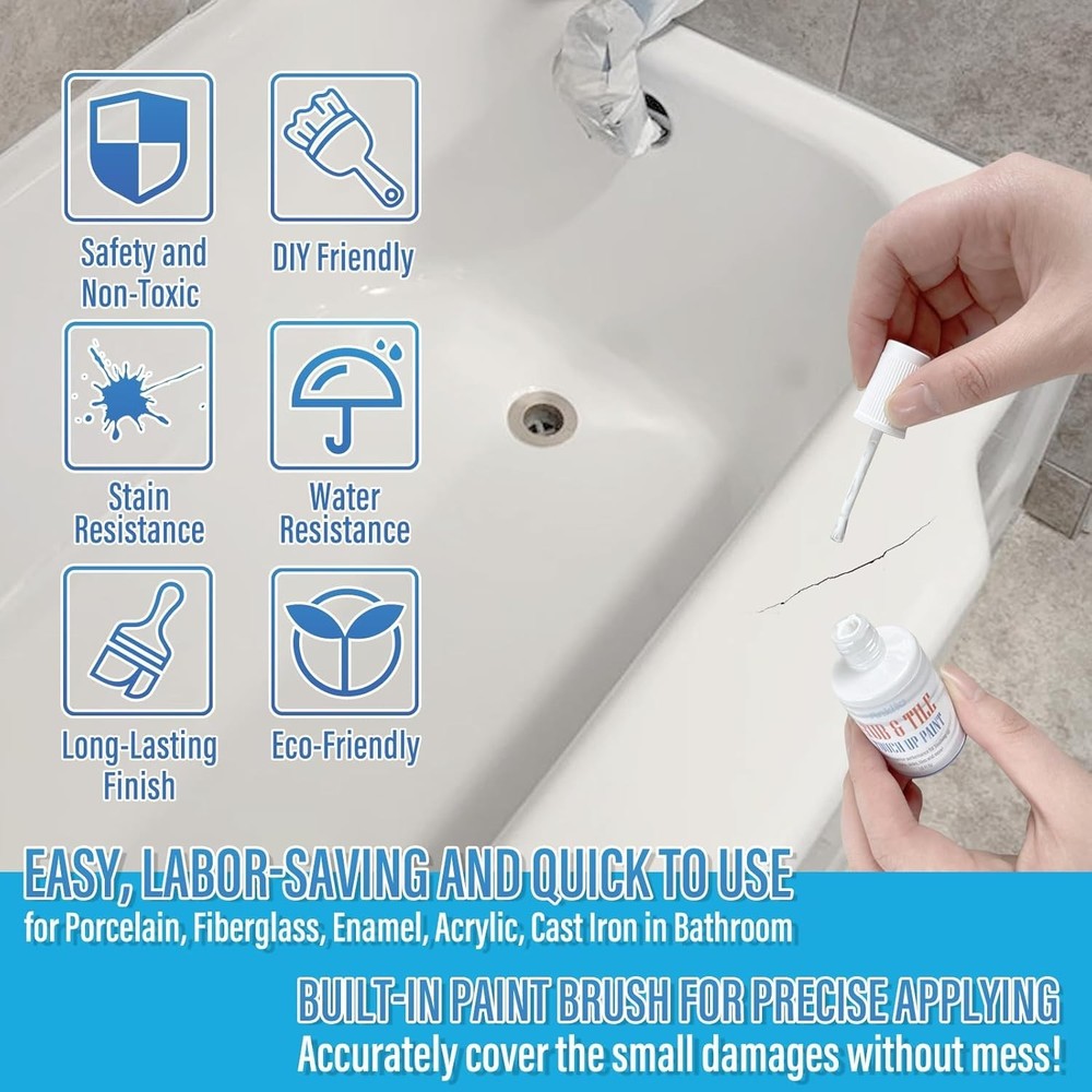 High-Gloss Quick-Dry Tub & Tile Paint - Waterproof Touch-Up Solution (1 Fl Oz)