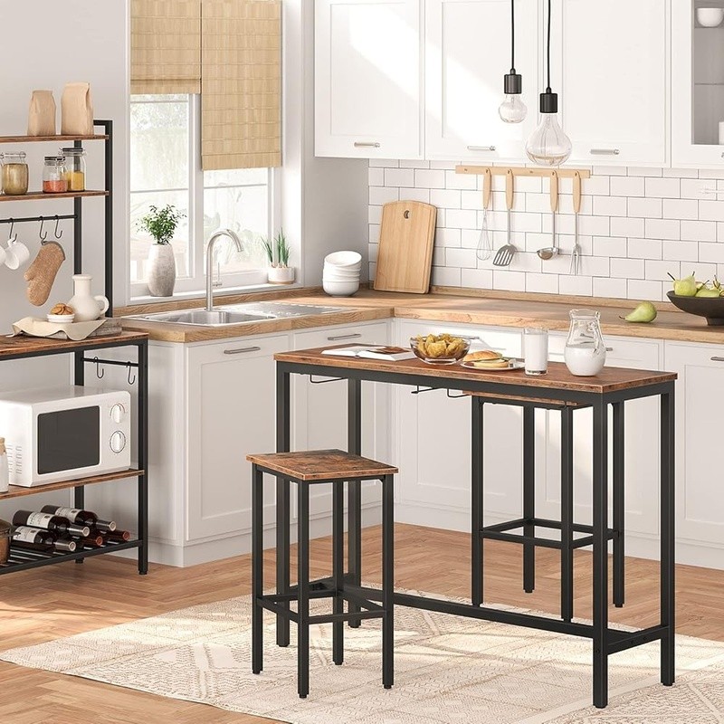 Space Saving Bar Table Set W/ Hangable Stools Dining Kitchen & Breakfast New