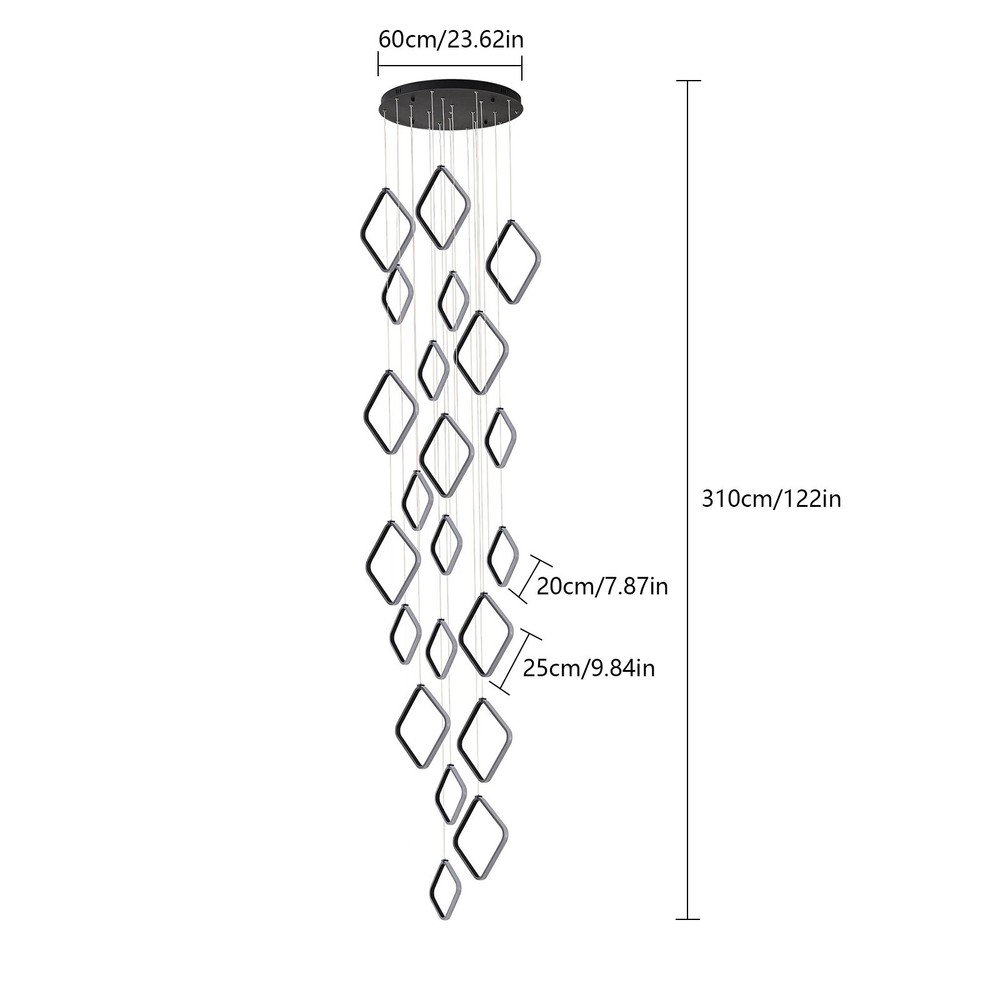 Modern LED Chandelier 22-Ring Black Dimmable High Ceiling 176W