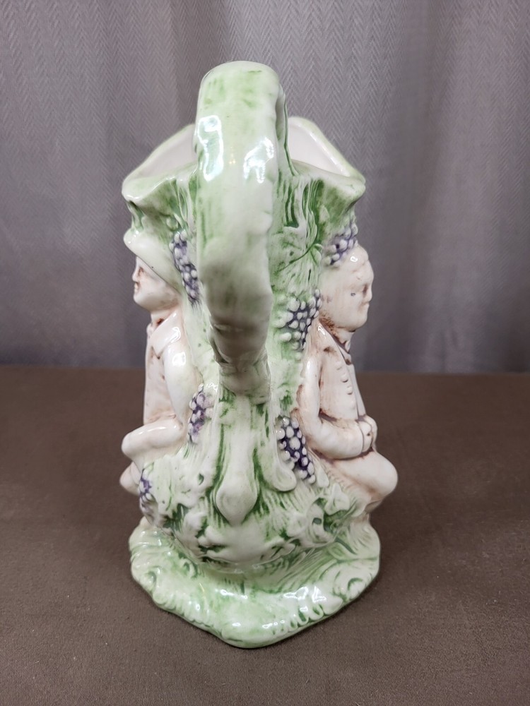 Vintage Ceramic Pitcher w Raised Figures & Grape Vines Artist Signed & Dated